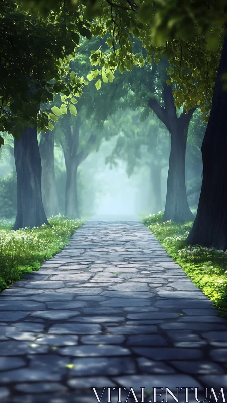 Sunlit Forest Path Through Ancient Trees.