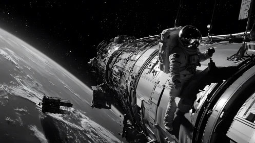 EVA astronaut on modular orbital station above Earth terminator