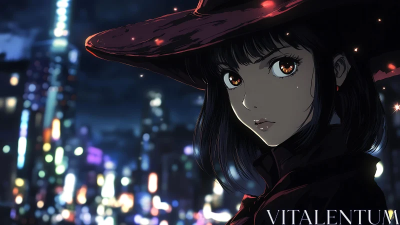 Urban night witch rendered in high-contrast anime lighting system