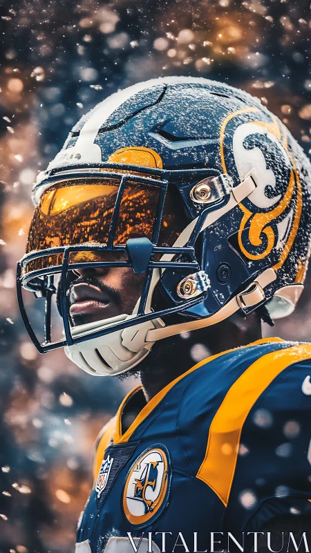Snow-dusted football hero glowing under stadium lights.