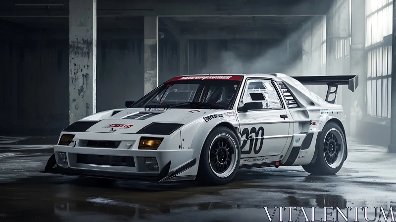 Widebody race-spec mid-engine coupe under diffused warehouse light