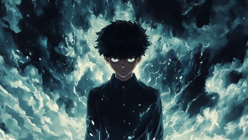 Dark-haired figure stands before turbulent luminous clouds