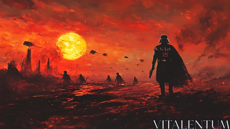 Sith warlord strides across molten battlefield at sunset