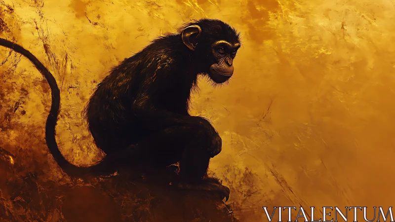 Golden backlit primate silhouette with textured aureate void.