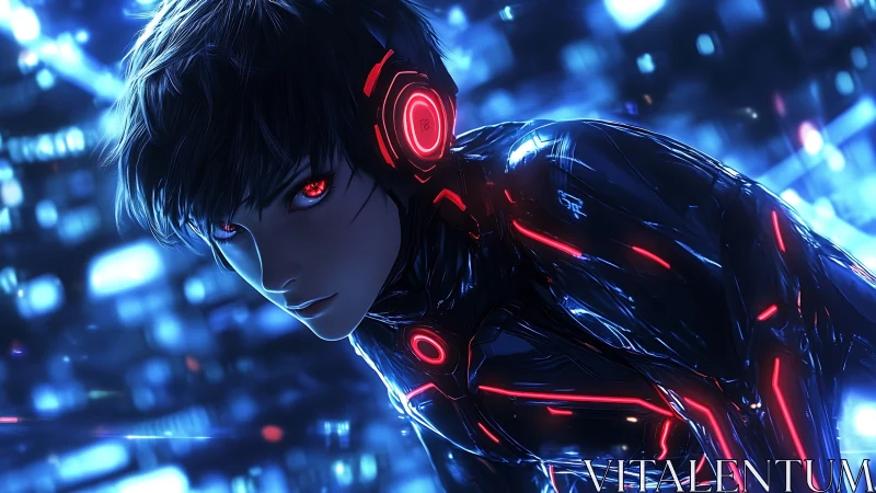 Neon-eyed cyber runner stalking the glitch-lit datastream.