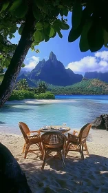 Tropical Beach Dining Under Mountain Peak.