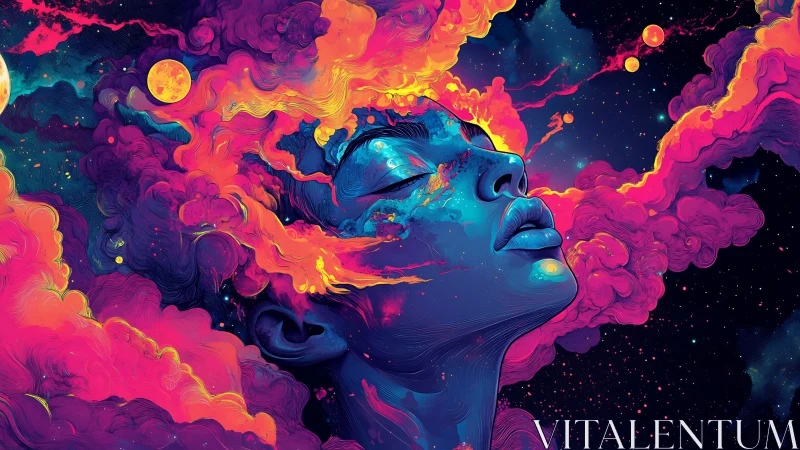 Surreal neon portrait of cosmic woman in swirling clouds.