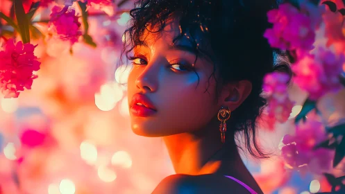 Portrait in neon bokeh with pink blossoms and warm rim light