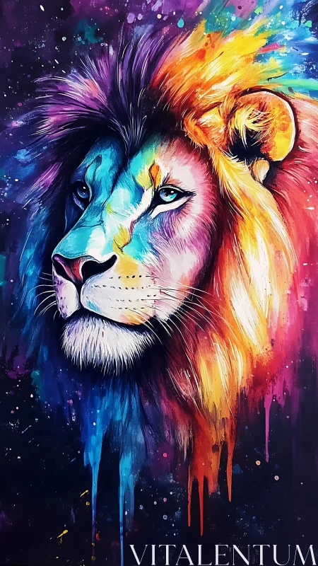 Cosmic Mane King in Neon Watercolor Roar of Color.