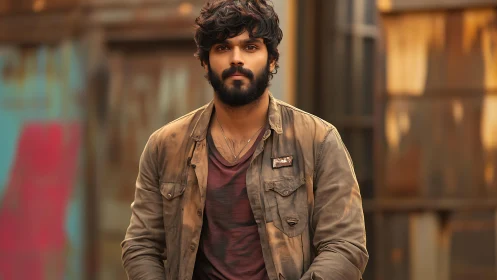 Bearded man in casual layered clothing outdoors at dusk.