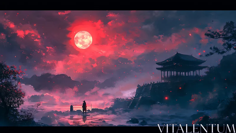 Digital painting of samurai under blood moon at cliffside temple.