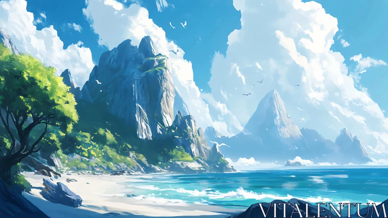 Towering Coastal Cliffs with Emerald Vegetation and Turquoise Waters.