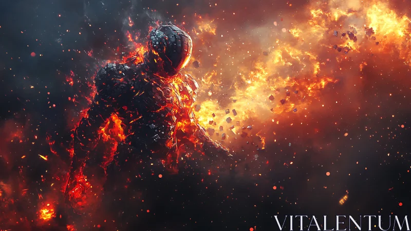 Flaming figure explodes against dark atmospheric backdrop.