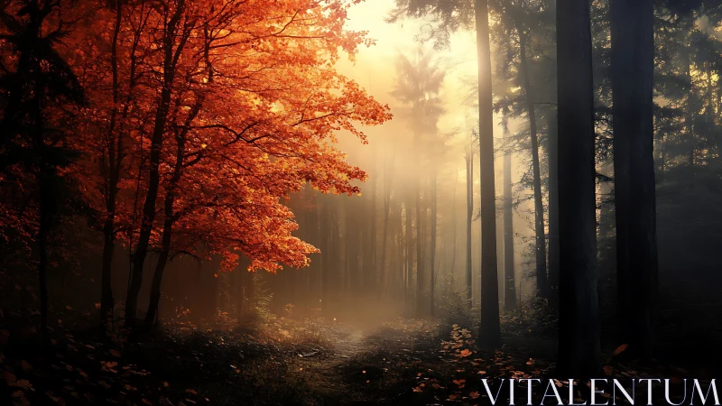 Autumn Forest Path Bathed in Golden Sunrise Light Through Mist