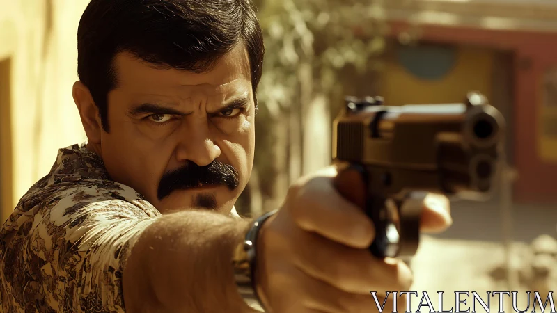 Sunlit standoff freezes a steely-eyed gunman mid-aim