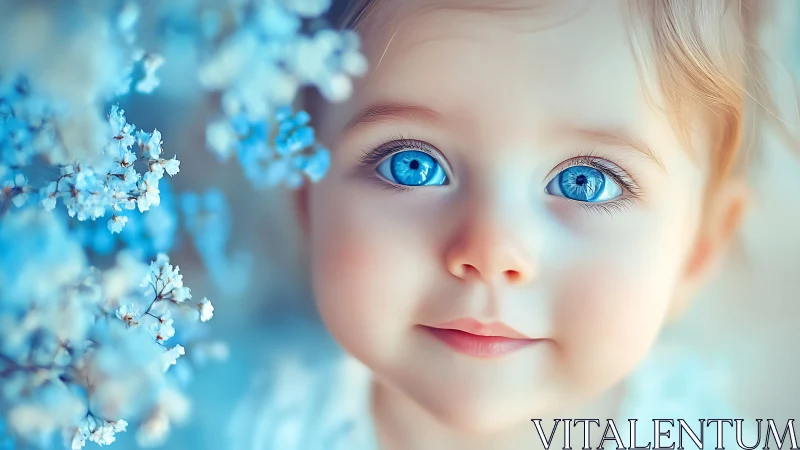 Young child with striking blue eyes gazes at small white flowers.
