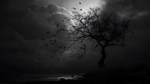 Midnight storm tree releases a restless flock into moonlight