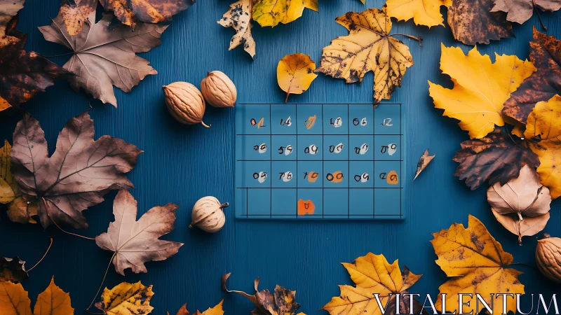 Autumn leaves surround monthly calendar on blue wooden table
