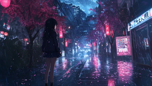 Soft rain embraces a neon city street under cherry blossoms