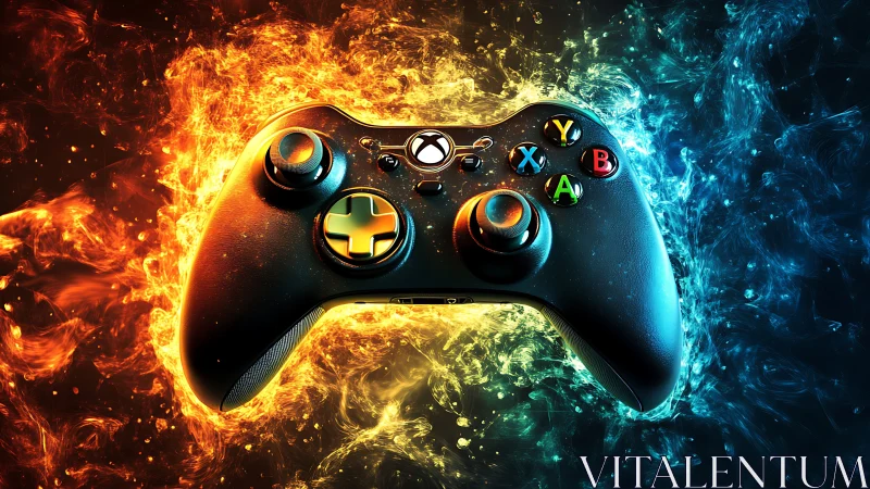 Glowing game controller alive with fiery and icy energy.
