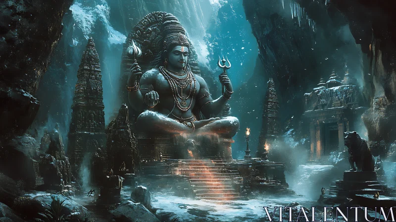 Snowlit mountain temple with serene seated deity watching all.