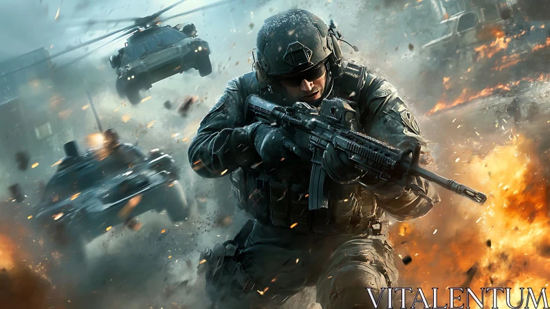 Lone tactical commando cuts forward through burning metal storm