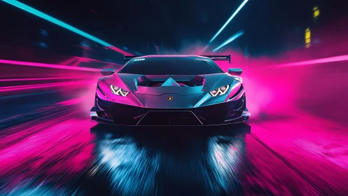 Neon hypercar front view in cinematic cyberpunk motion blur.