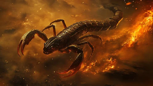 Scorpion rendered in high detail within fiery environment.