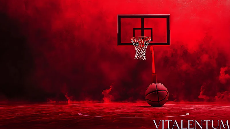 Basketball hoop and ball stand centered on vivid red court