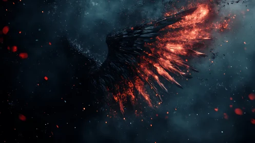 Blazing dark wing rises in swirling ash and embered sky