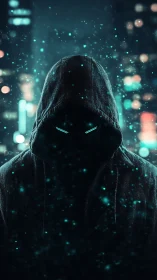 Hooded cyber figure with glowing eyes in city at night.