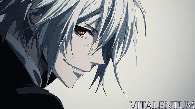 Side-profile portrait shows white-haired anime male figure