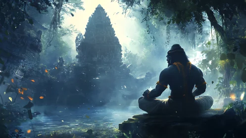 Mythic ascetic meditating before misted jungle temple ruins.