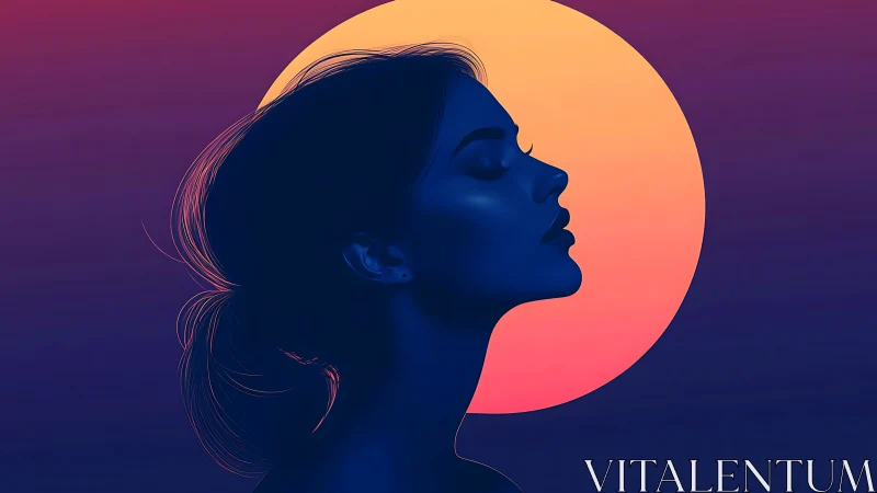 Profile silhouette of woman against gradient sun circle.