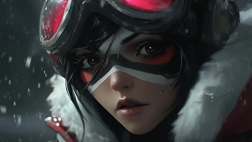 Snow pilot portrait with red goggles and face markings.