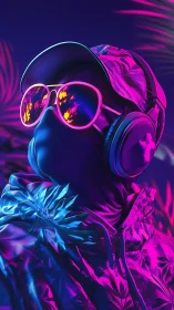 Neon-lit masked figure with headphones and tropical jacket.