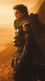 Desert-clad wanderer studies shifting dunes in molten light