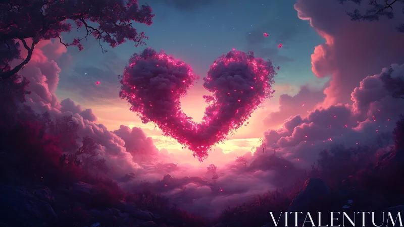 Luminescent Heart Formation: Neon Pink Floral Cloud Silhouette Composite
