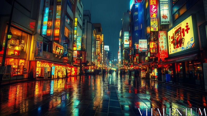 Neon-soaked Tokyo street with rain-glossed reflective pavement.