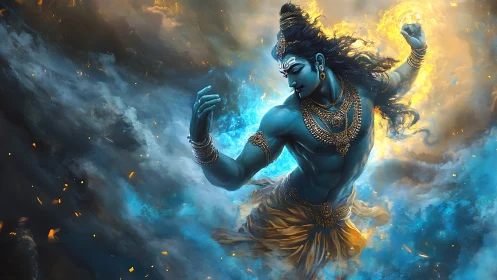 Blue-skinned mythic dancer in swirling cosmic clouds.