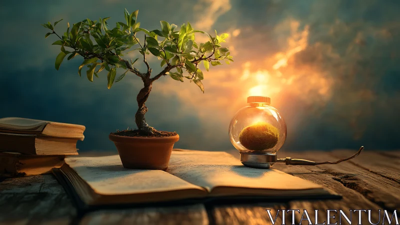 Bonsai, books, and glowing orb evoke magical learning scene.