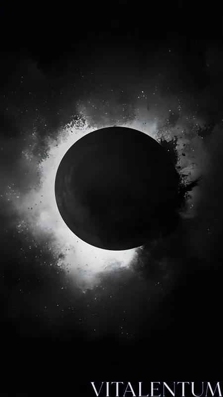 Lunar silhouette hangs in a stark monochrome cosmic void.