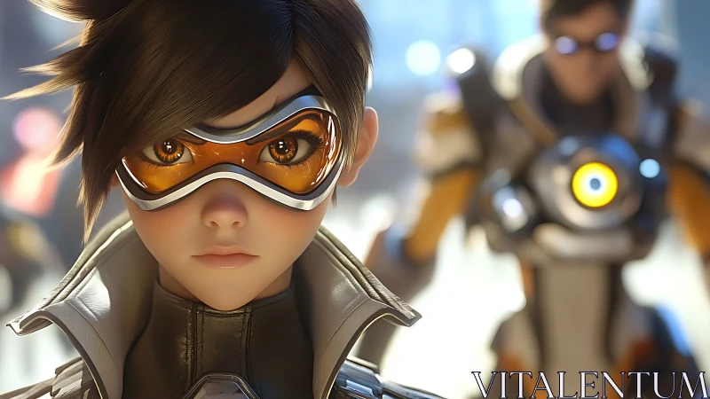 Close-up of futuristic goggled heroine with ally behind.