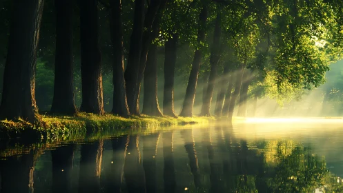 Sunlit forest river bank with trees and soft morning mist.