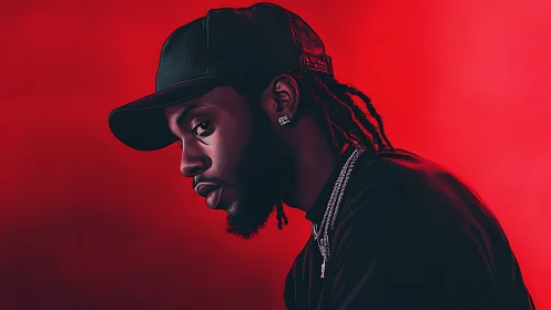 Side-lit portrait of pensive man in cap on crimson field.