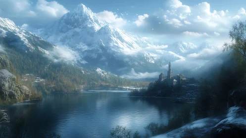 Snow-covered mountains overlook a lakeside settlement