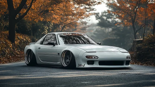 Photoreal stance car in autumn forest road environment.