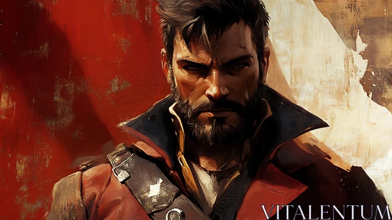 Brooding adventurer in a bold red coat and weathered armor.