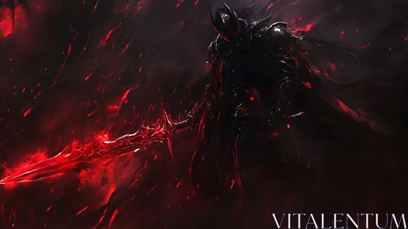 Shadow knight ignites a blood-red blade in burning darkness