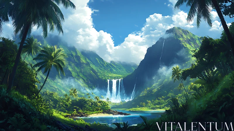 Emerald valley waterfall vista beneath tropical skies.